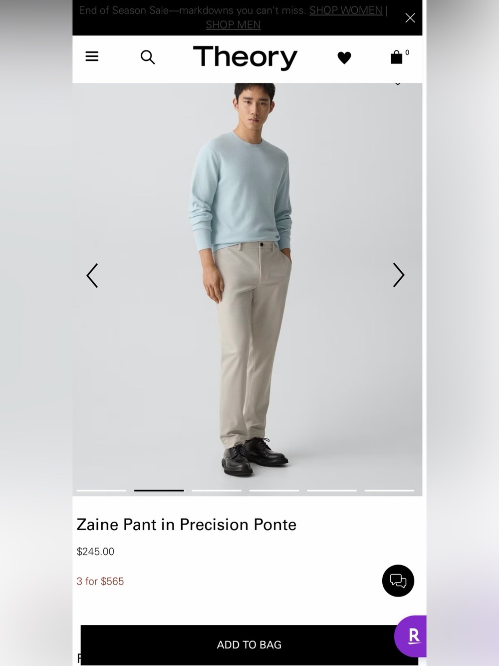 Theory Zaine Pant in Precision Point 32x32 Putty Color